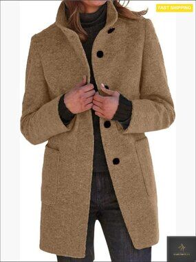 Wool Blend Pea Coat Stand Collar Thigh Length Winter Blazer Jacket